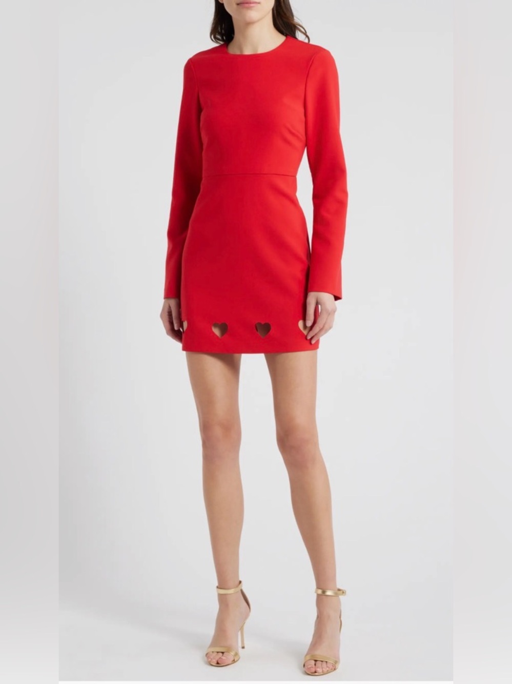 A161 Leva Long Red Long-Sleeve Mini Dress w-Heart Cutouts NWT